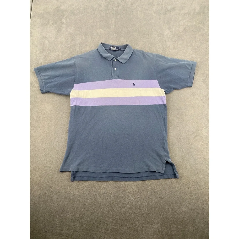 Vintage Polo Ralph Lauren Polo Shirt Mens XL Blue Striped Cotton Side Slit Golf